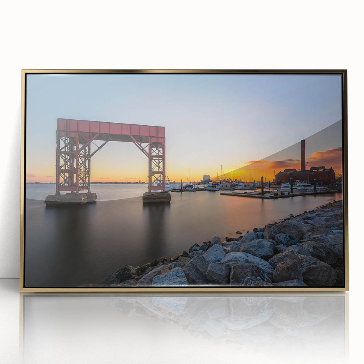 Framed acrylic print of Baltimore skyline in gold and black tones, ideal for modern art wall decor.