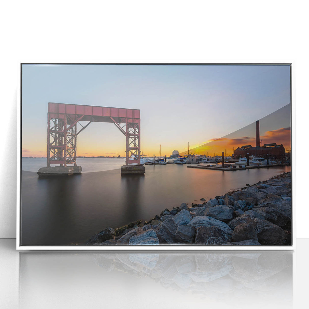 Acrylic print of Baltimore skyline in art deco style with muted gray and blue tones, ideal for modern nursery wall art.
