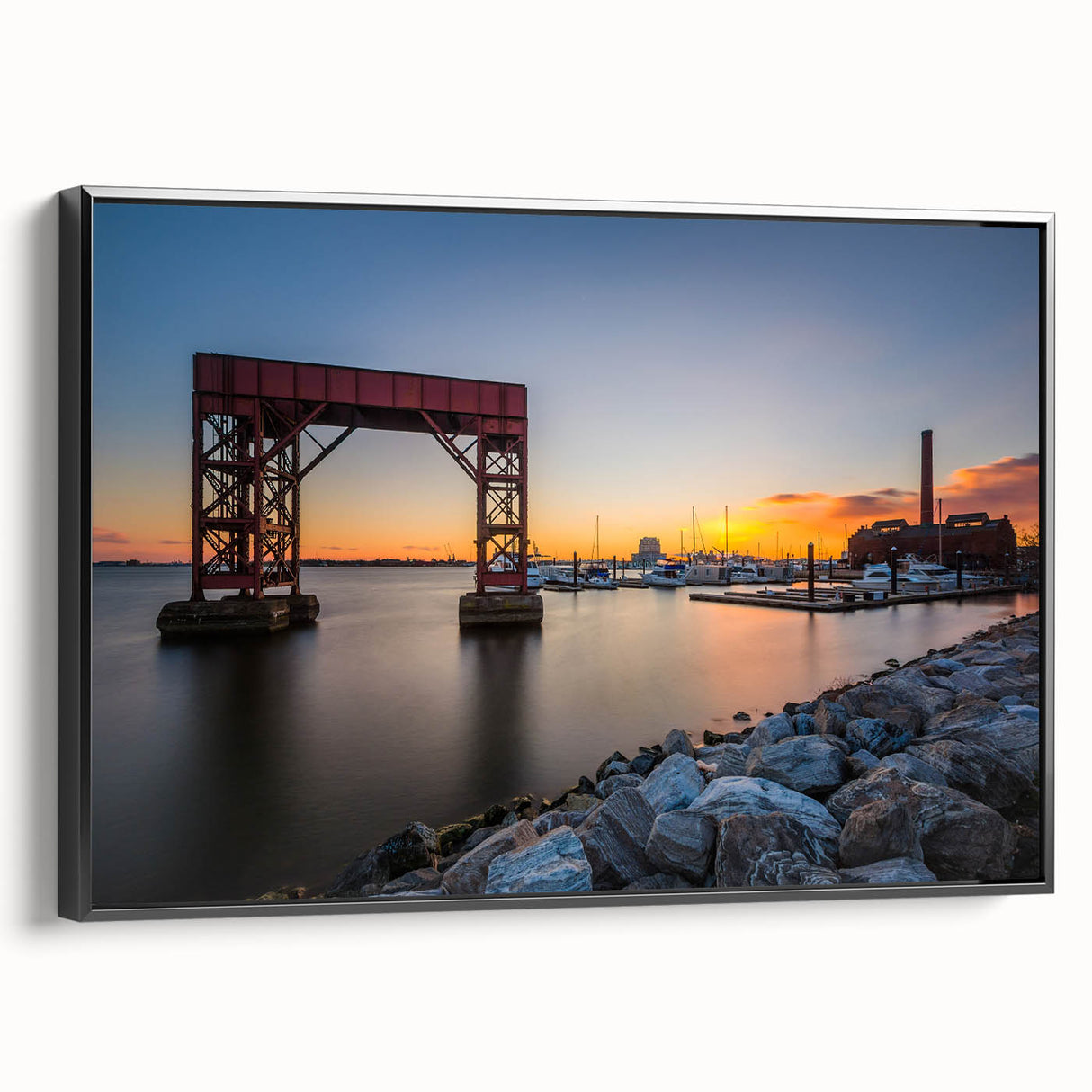 Black and white framed canvas featuring a vintage-style Baltimore landscape, ideal for bedroom decor.