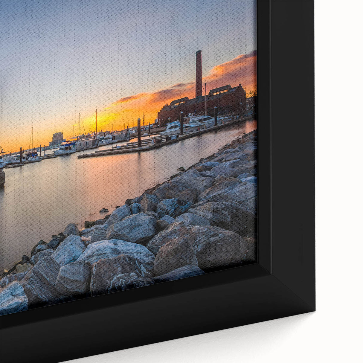 Extra large framed canvas of Baltimore skyline in black with colorful, textured accents, suitable for living room decor.