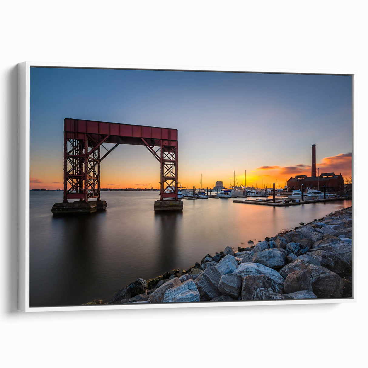 Vintage poster art of Baltimore skyline in colorful hues on a large framed canvas, ideal for living room decor.