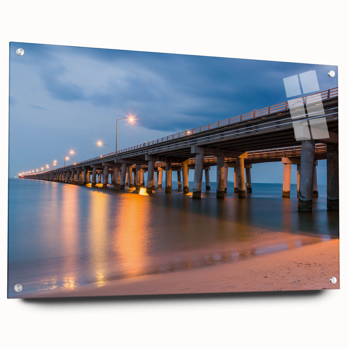 Acrylic print of the Chesapeake Bay in muted blue and green tones, ideal for dining room decor.