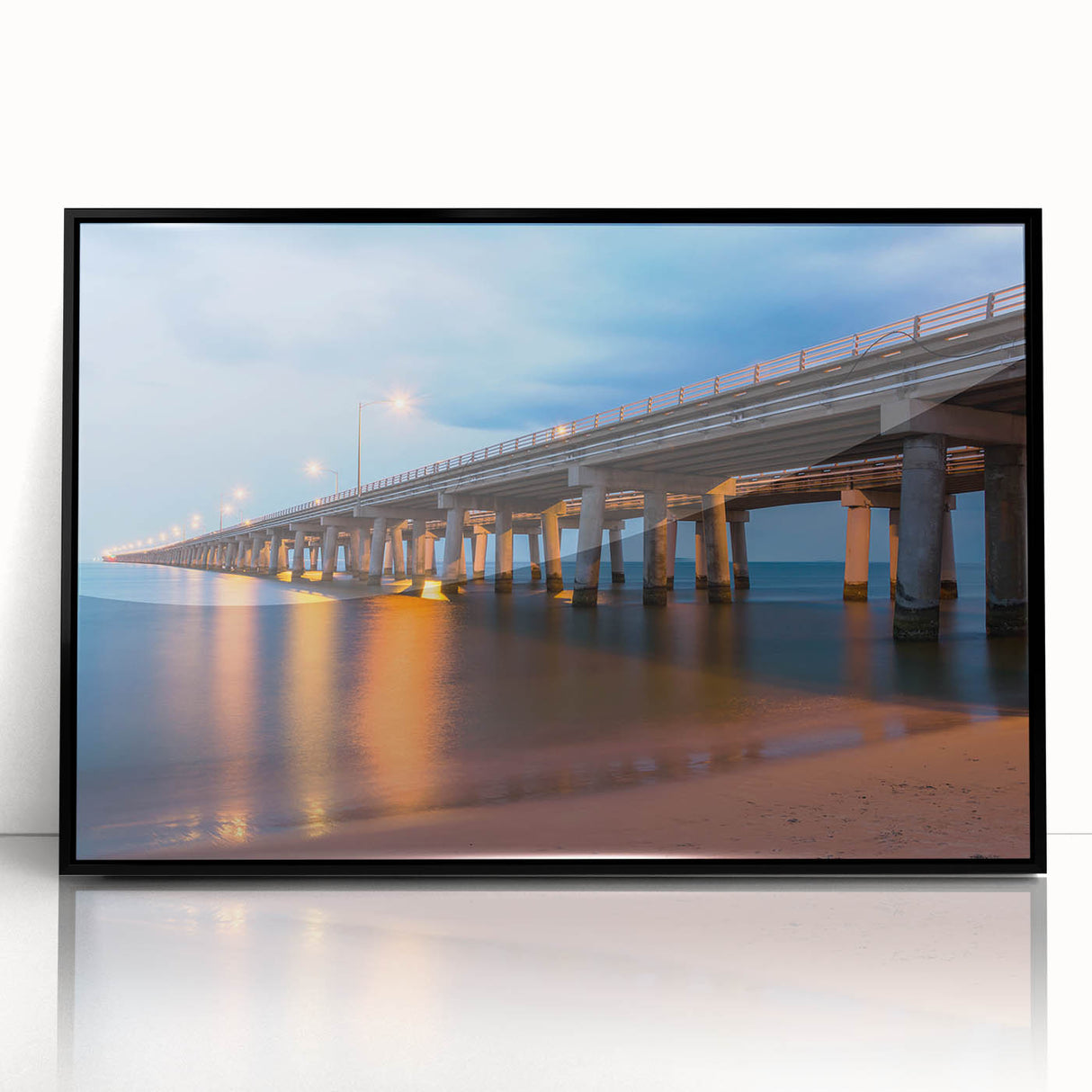 Large abstract wall art featuring Chesapeake Bay in muted blue and green tones, framed in black acrylic.
