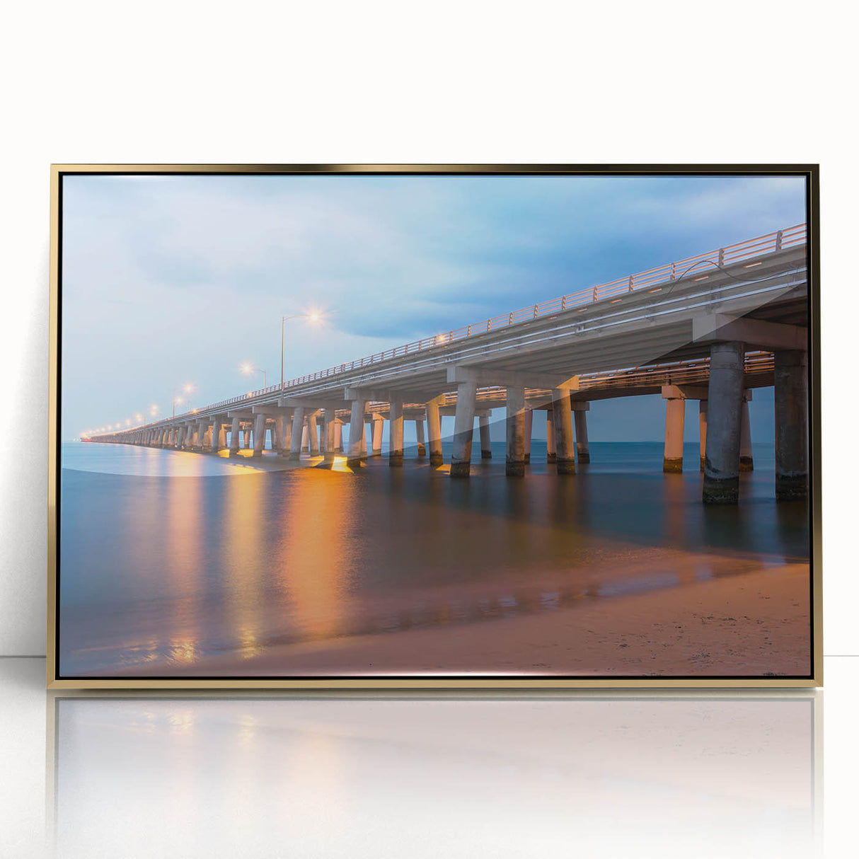 Framed acrylic print of Chesapeake Bay with muted blue and gray tones, ideal for modern art wall decor.