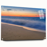 Acrylic print of a serene Nantucket landscape in soft blue and green shades, ideal for dining room decor.