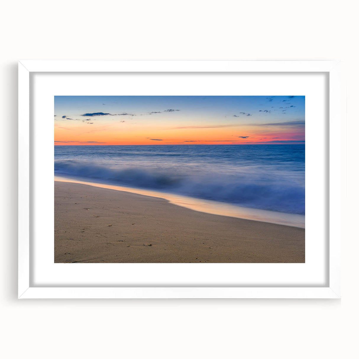 Abstract art print of Nantucket, featuring soft blue and white tones on a framed canvas, suitable for dining room decor.