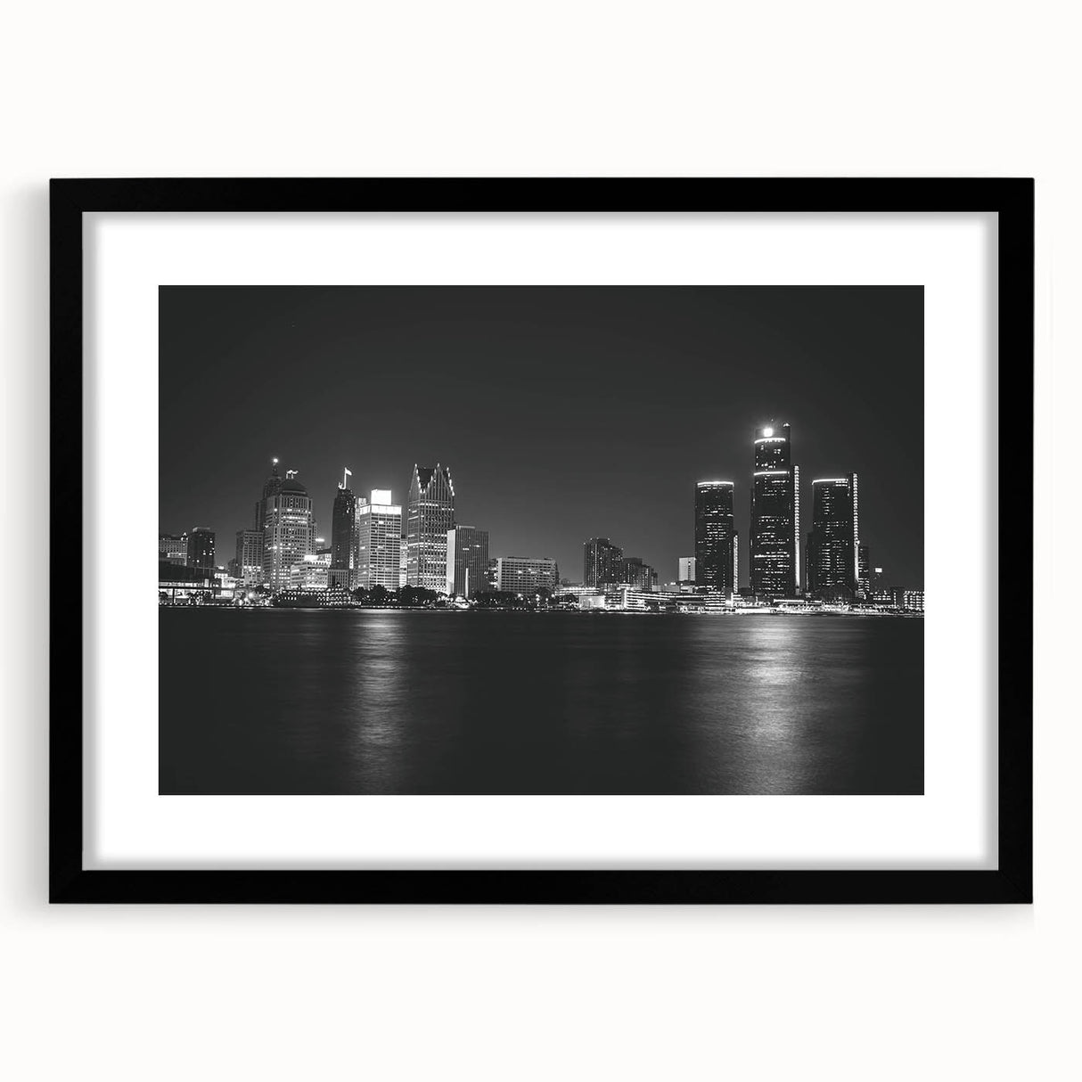 Abstract art print of Detroit skyline in vibrant colors on a large framed canvas, suitable for living room decor.