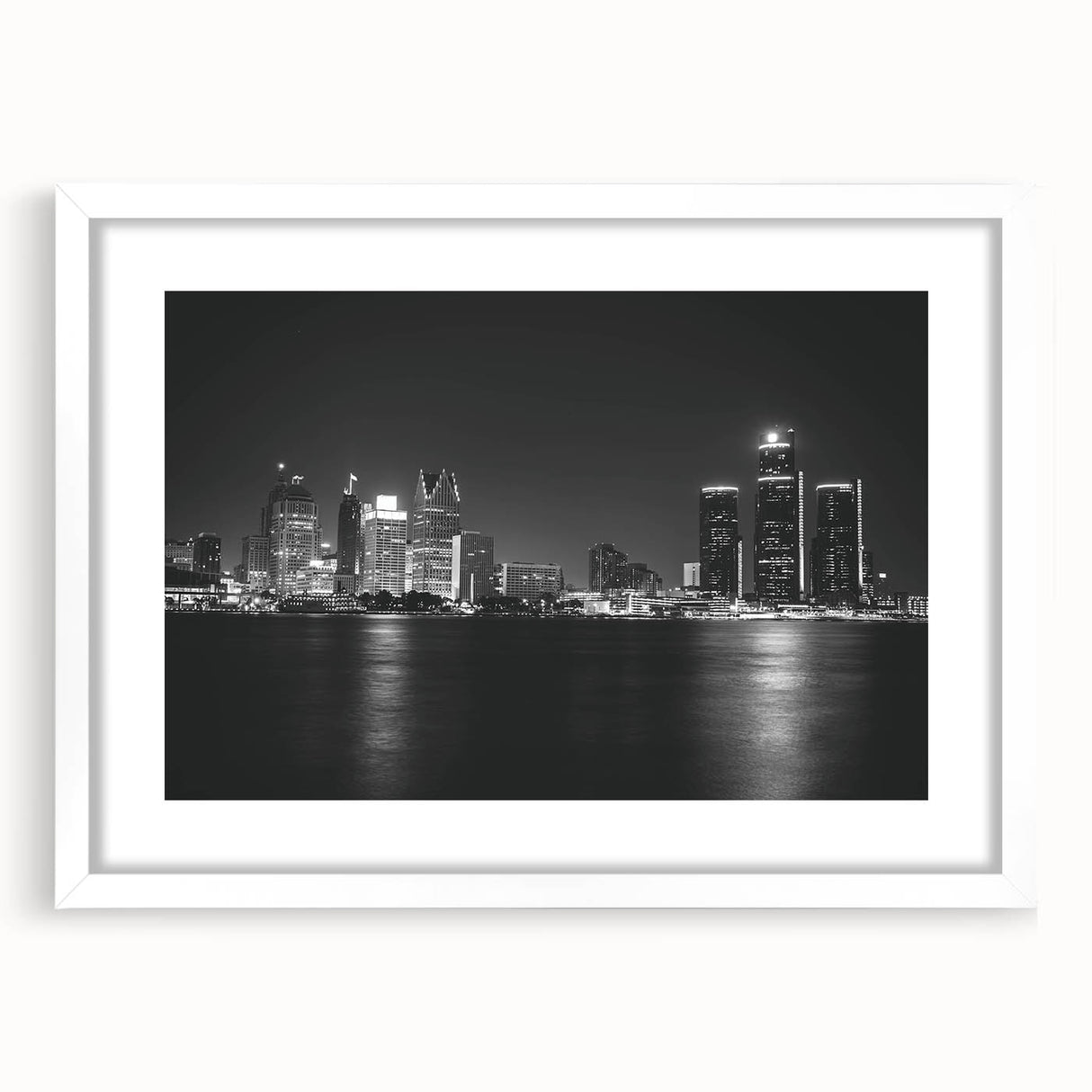 Abstract art print of Detroit skyline in muted gray and blue tones on a framed white mat, ideal for dining room decor.