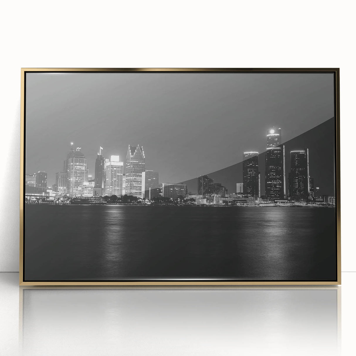 Acrylic print of Detroit skyline in muted gold and gray tones, framed, in mid-century modernist style.