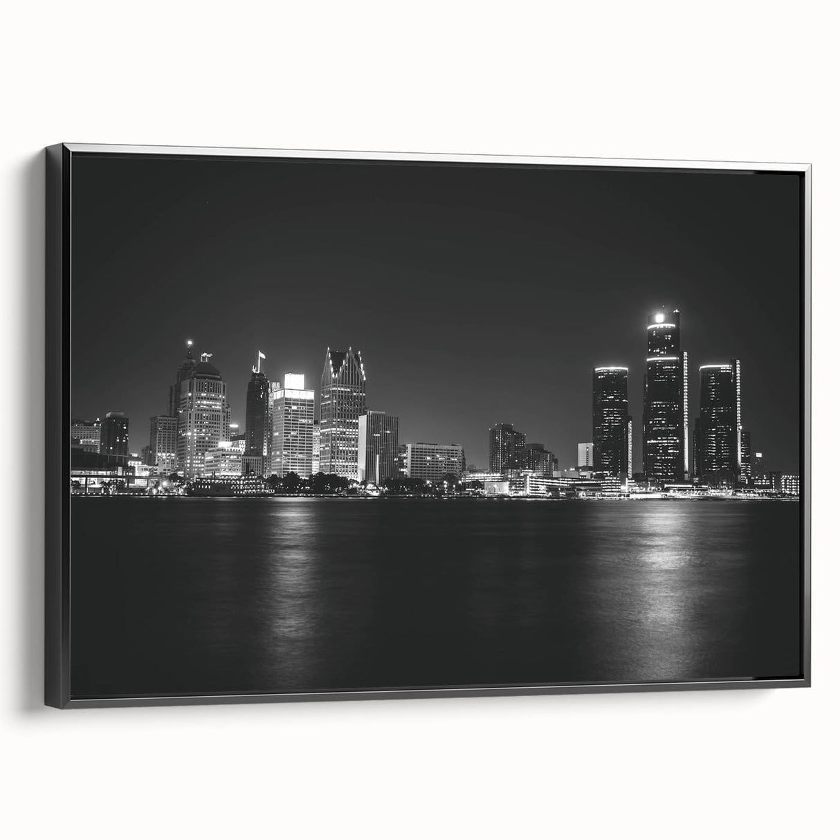 Black and white framed canvas of Detroit landscape, ideal for bedroom wall art.