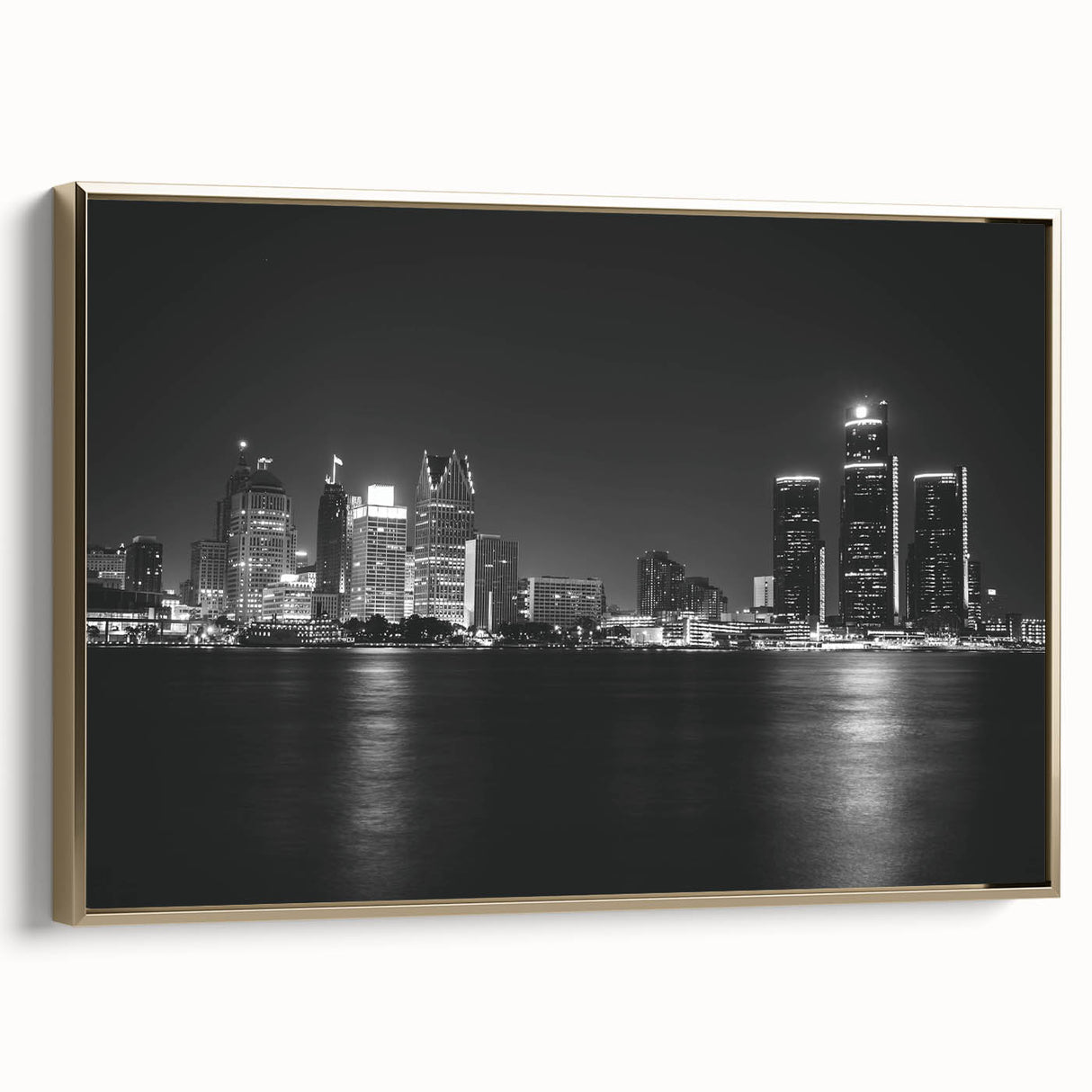 Framed canvas of vintage-style Detroit landscape in black and gold tones, ideal for bedroom wall art.