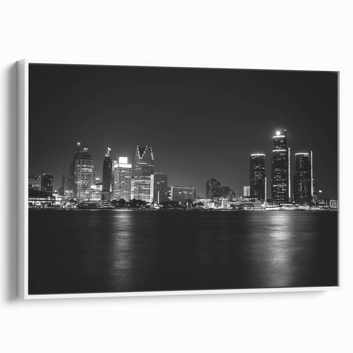 Vintage poster art of Detroit skyline in colorful hues on a large framed canvas, ideal for living room decor.