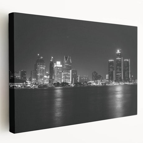 Large art depicting the Detroit skyline in muted blue and gray tones on stretched canvas, ideal for kitchen wall decor.