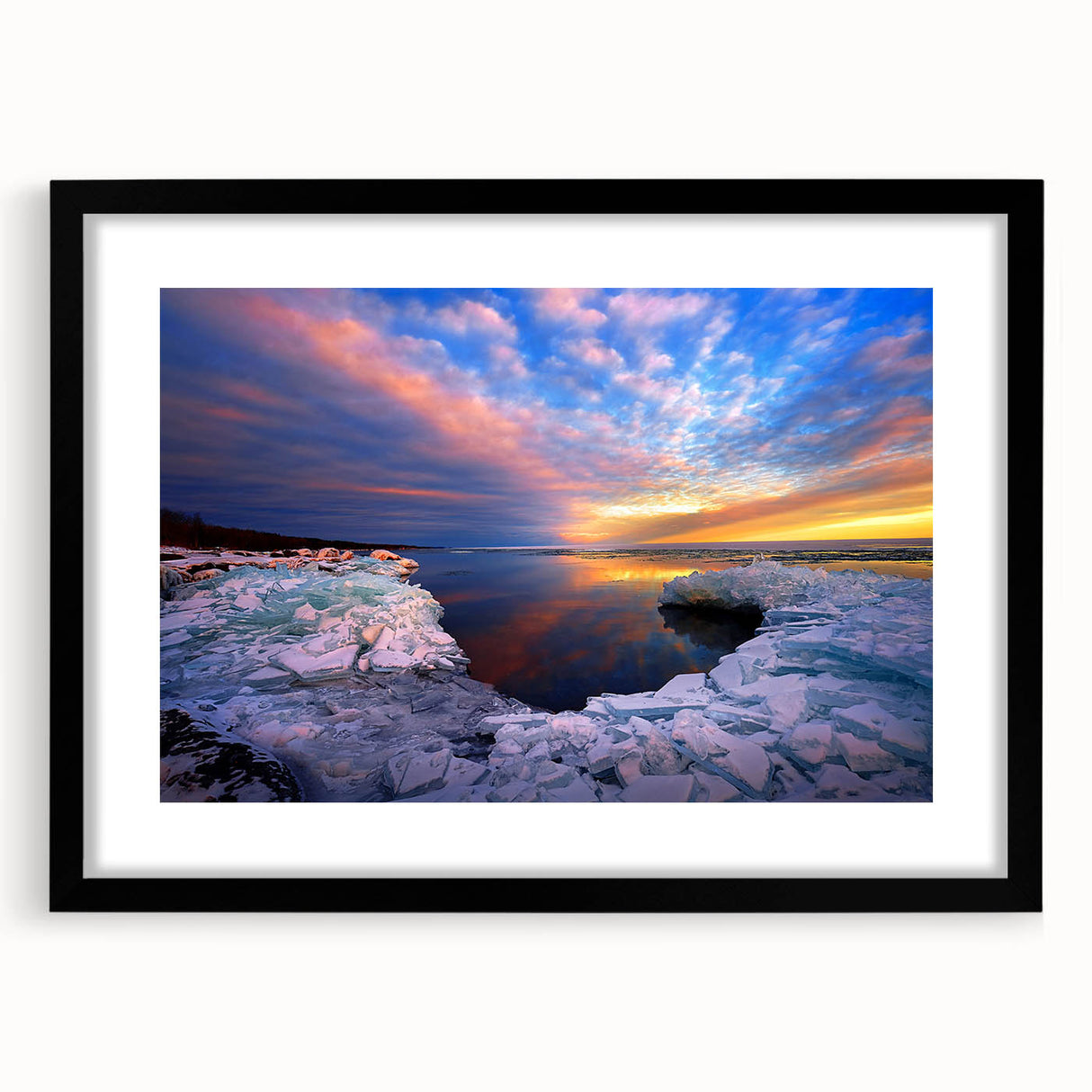 Abstract art print depicting a vibrant, textured scenery of Minnesota on a black framed mat, ideal for living room decor.