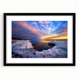 Abstract art print depicting a vibrant, textured scenery of Minnesota on a black framed mat, ideal for living room decor.