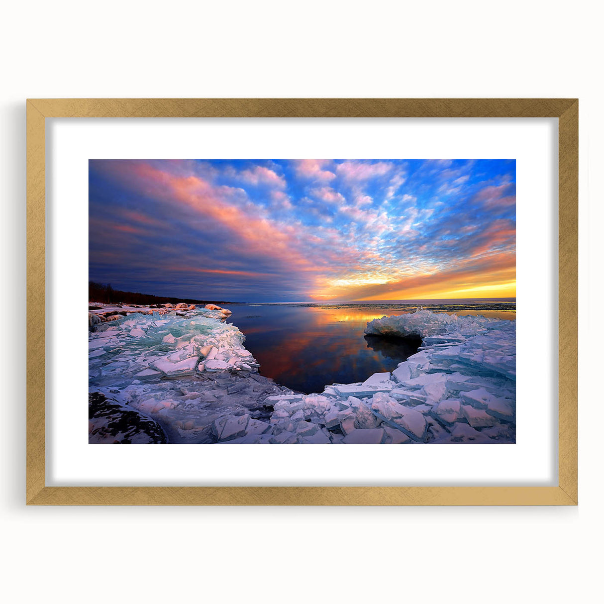 Extra large wall art featuring abstract art prints of Minnesota scenery in textured strokes, framed in gold.
