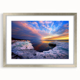 Textured abstract art print of Minnesota scenery in muted earth tones, framed with a silver mat, suitable for bedroom decor.