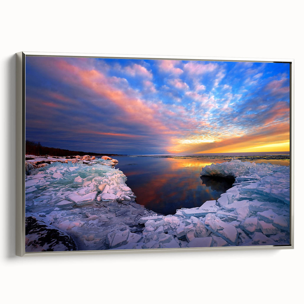 Framed canvas of a Minnesota landscape painting featuring vibrant green and blue hues, ideal for living room decor.