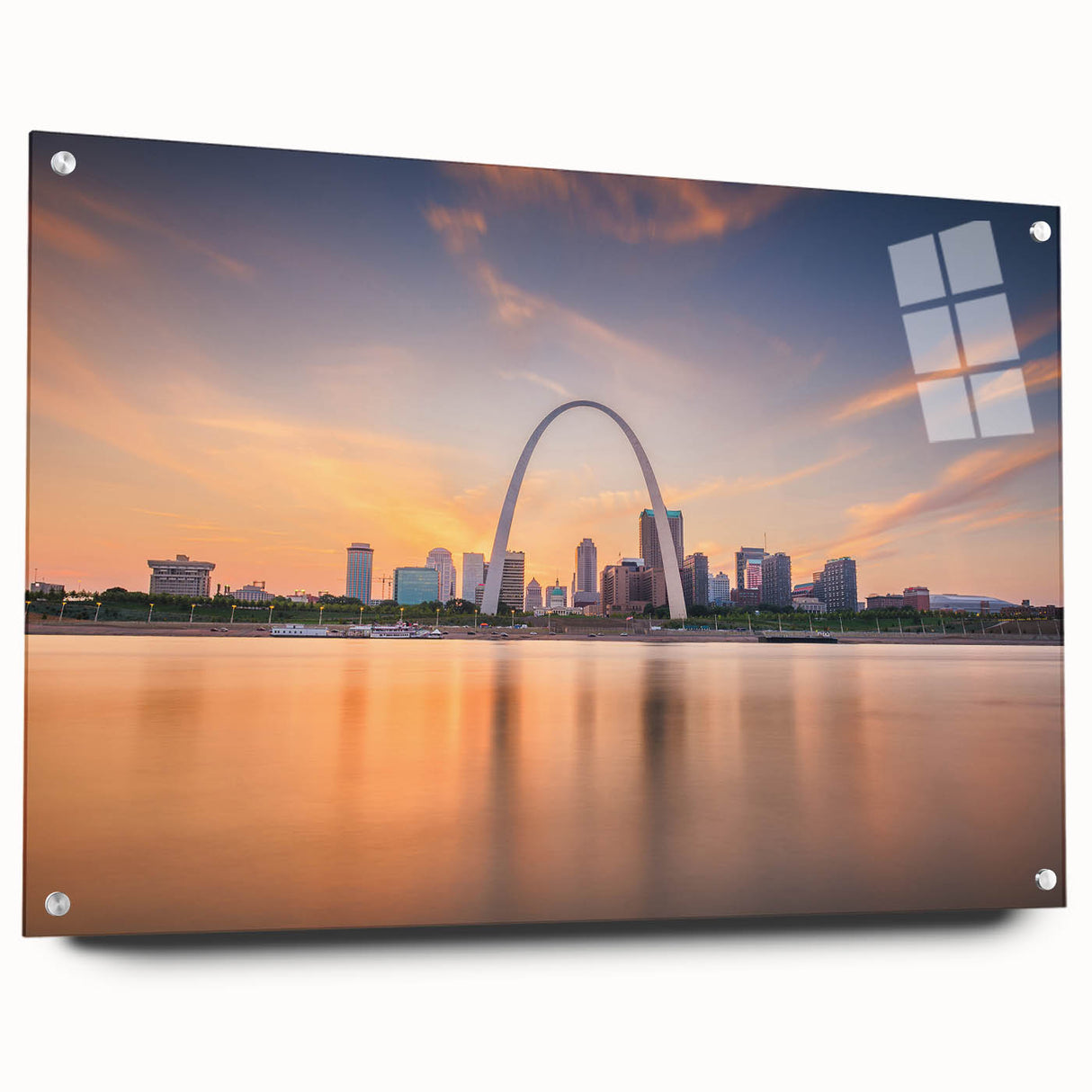 Large abstract wall art depicting the Mississippi scenery in muted green and blue tones, printed on acrylic glass.