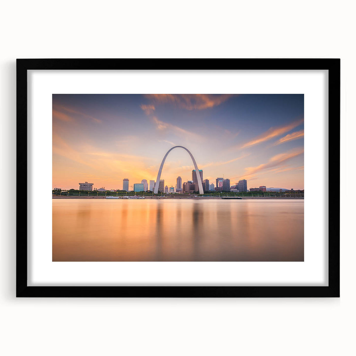 Extra large abstract art print of a textured, colorful Mississippi scenery in a black frame, ideal for living room decor.