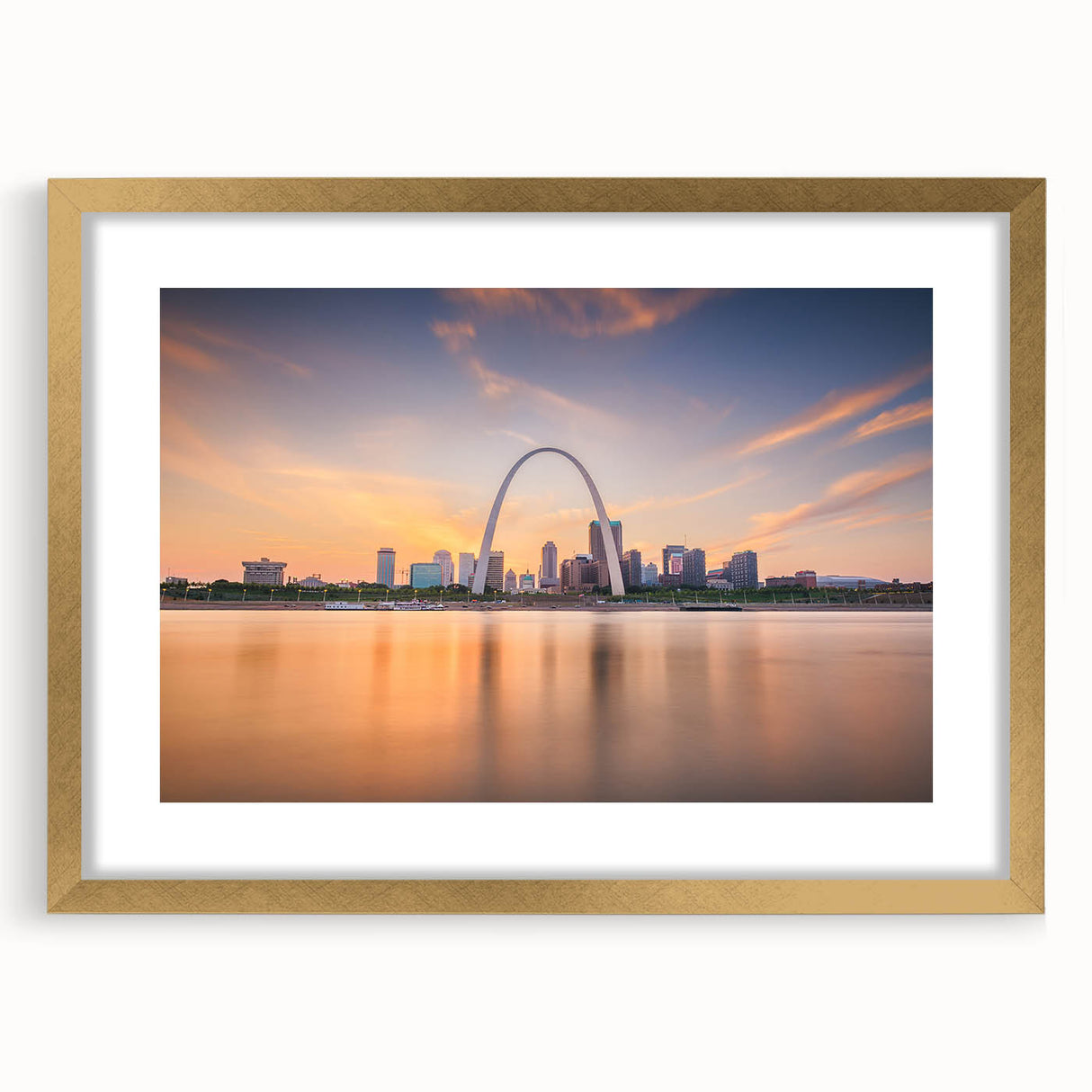 Abstract art print of a textured Mississippi scenery in muted earth tones, framed in gold, ideal for living room decor.