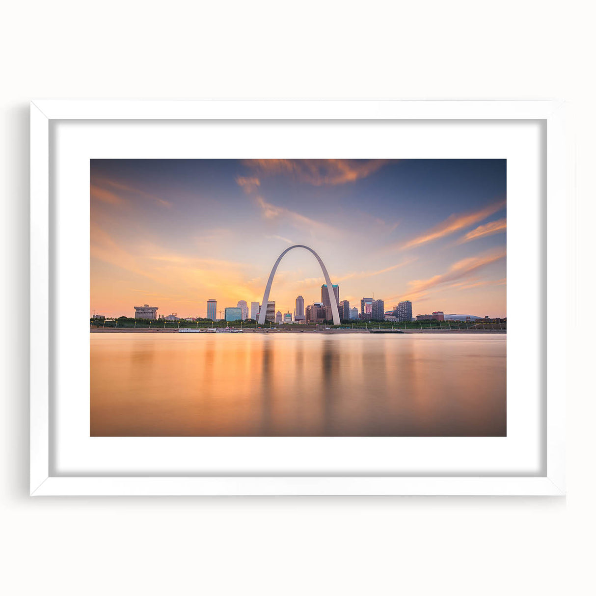Abstract art print of a blurred Mississippi landscape in muted blue and green hues on a framed white mat.