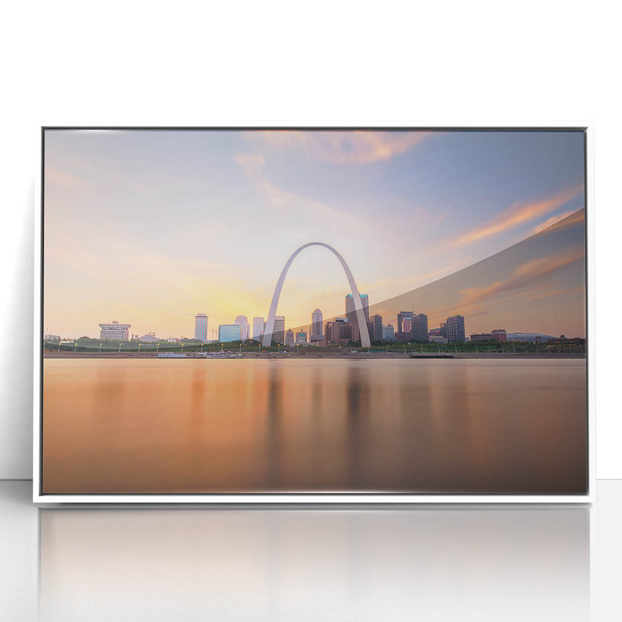 Art Deco style poster of the Mississippi landscape, framed in white acrylic, with muted earth tones.