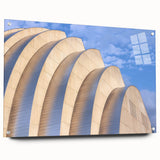 Acrylic print of Kansas City skyline with muted blue and gray tones, ideal for modern bedroom or dining room decor.