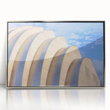 Mid-century modernist art of Kansas City skyline in muted blue tones on a framed acrylic.
