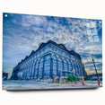 Acrylic print of St. Louis skyline in muted blues and grays, ideal for dining room decor.