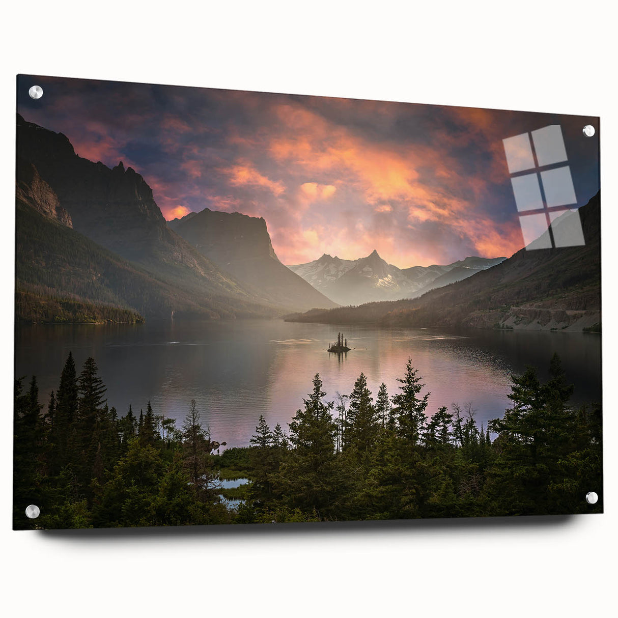 Acrylic print of Montana's Glacier landscape in cool blue and green tones, suitable for bedroom or dining room decor.