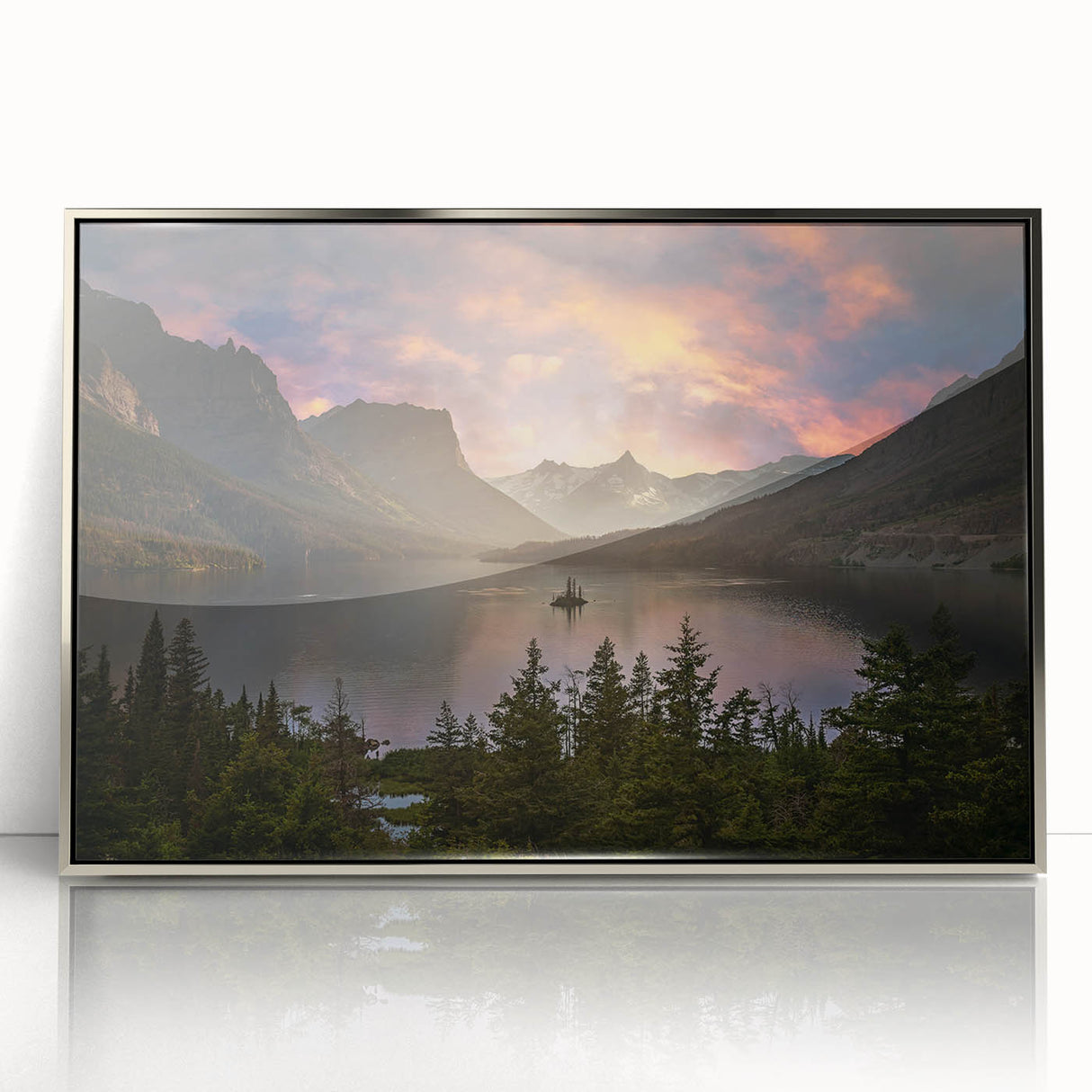 Mid-century modernist art depicting Glacier National Park in muted earth tones on a silver-framed acrylic print.