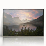 Mid-century modernist art depicting Glacier National Park in muted earth tones on a silver-framed acrylic print.