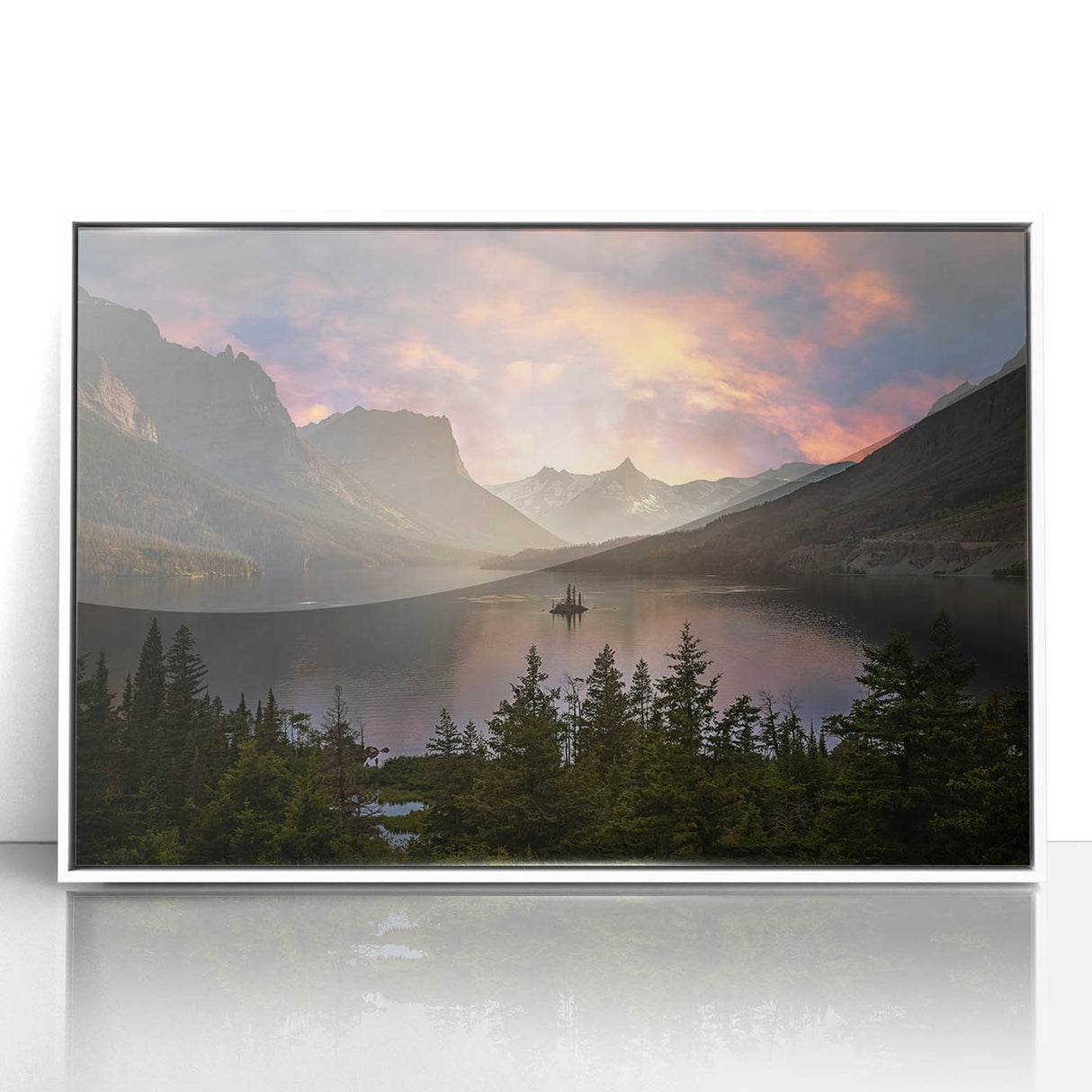 Acrylic print of Glacier National Park with muted blue and white tones, framed in white, suitable as modern art wall decor.