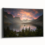 Black and white framed canvas of a Montana glacier landscape, ideal for bedroom wall decor.
