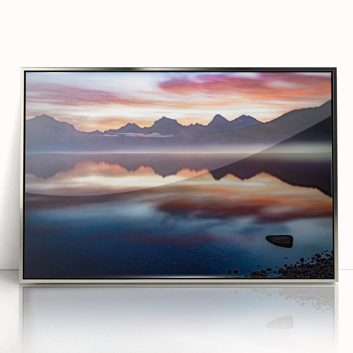 Mid-century modernist art depicting a Montana landscape in muted earth tones on a silver-framed acrylic print.
