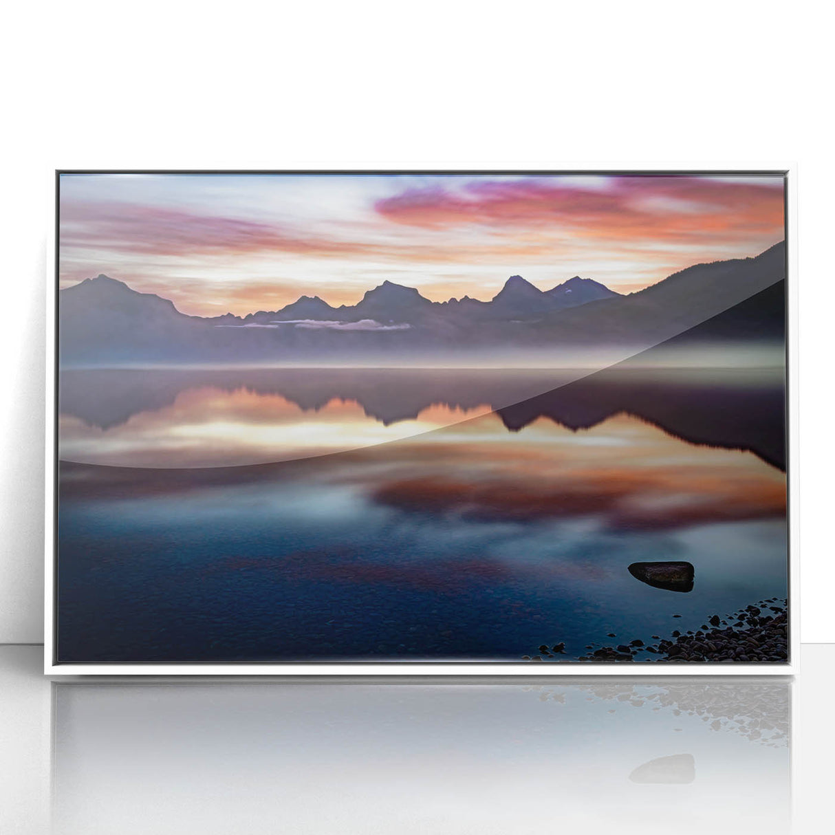 Acrylic print of a serene Montana landscape in soft pastel shades, framed in white.