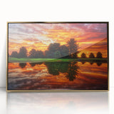Large art print of a Nebraska landscape in mid-century modernist style, framed acrylic with gold tones.