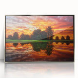 Mid-century modernist art depicting Nebraska scenery in muted earth tones on a silver-framed acrylic print.