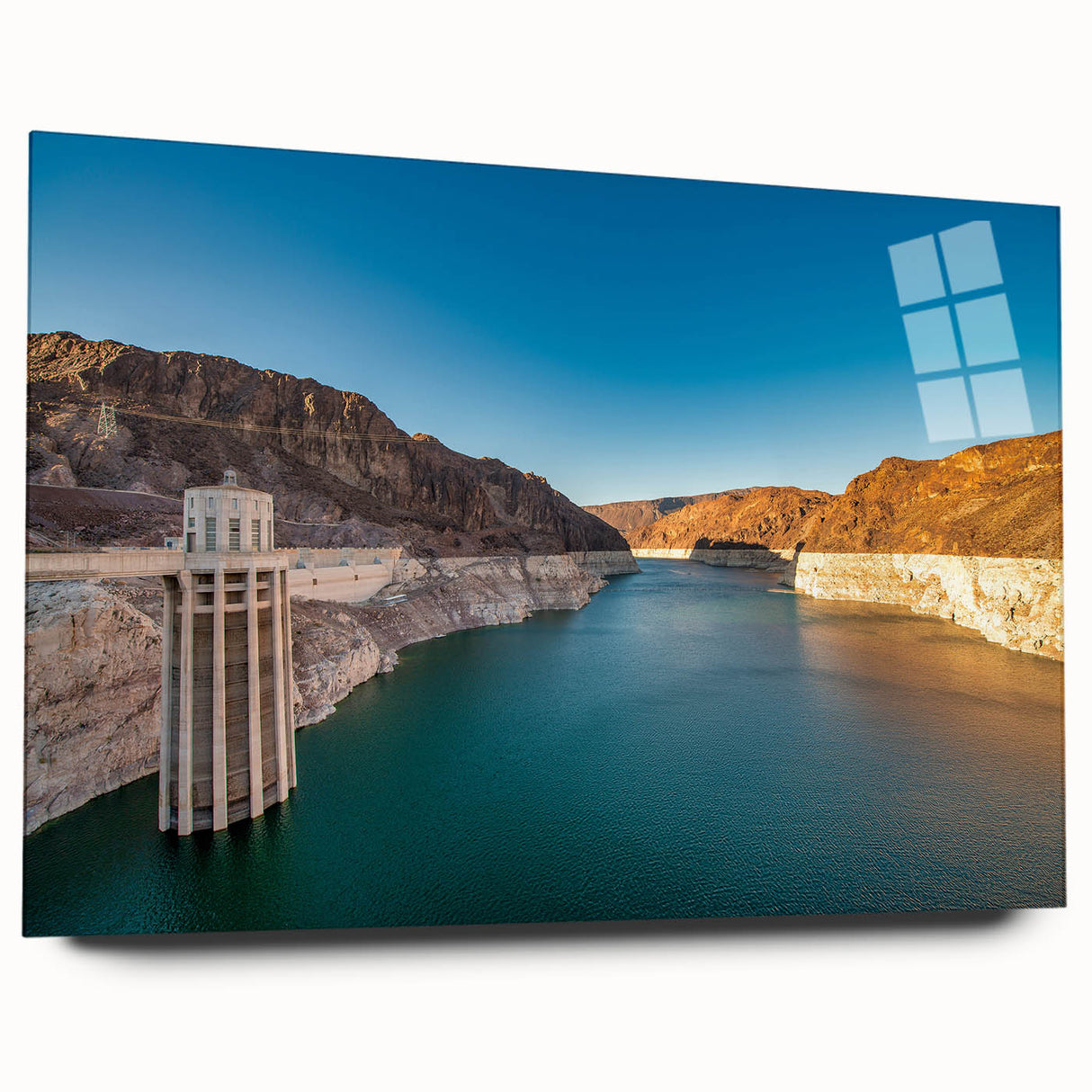 Acrylic print of Hoover Dam in grayscale tones, suitable for bedroom or dining room art.