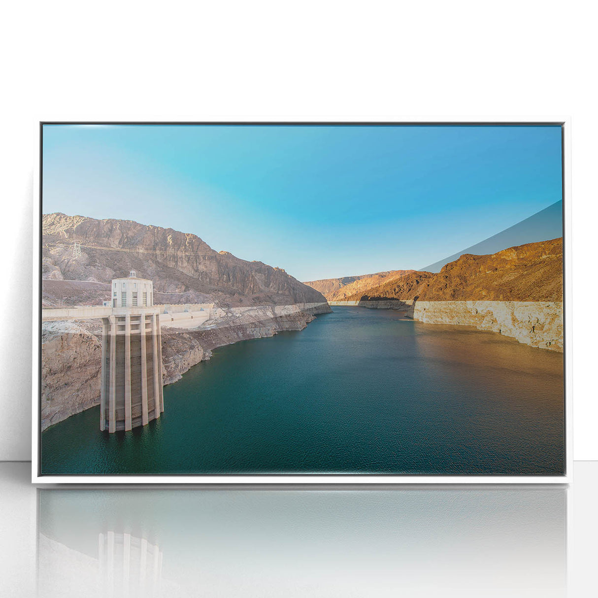 Art deco poster of Hoover Dam in muted gray and blue tones on framed acrylic, ideal for modern art wall decor.