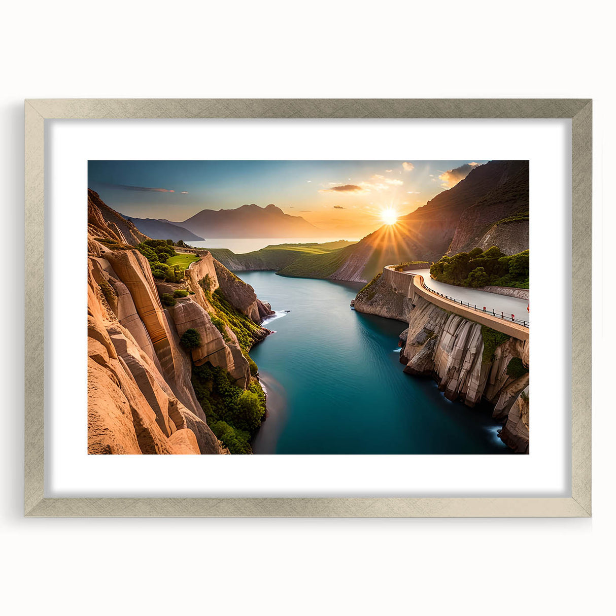 Textured art print depicting abstract Lake Mead scenery in muted blues and grays on a framed silver mat.