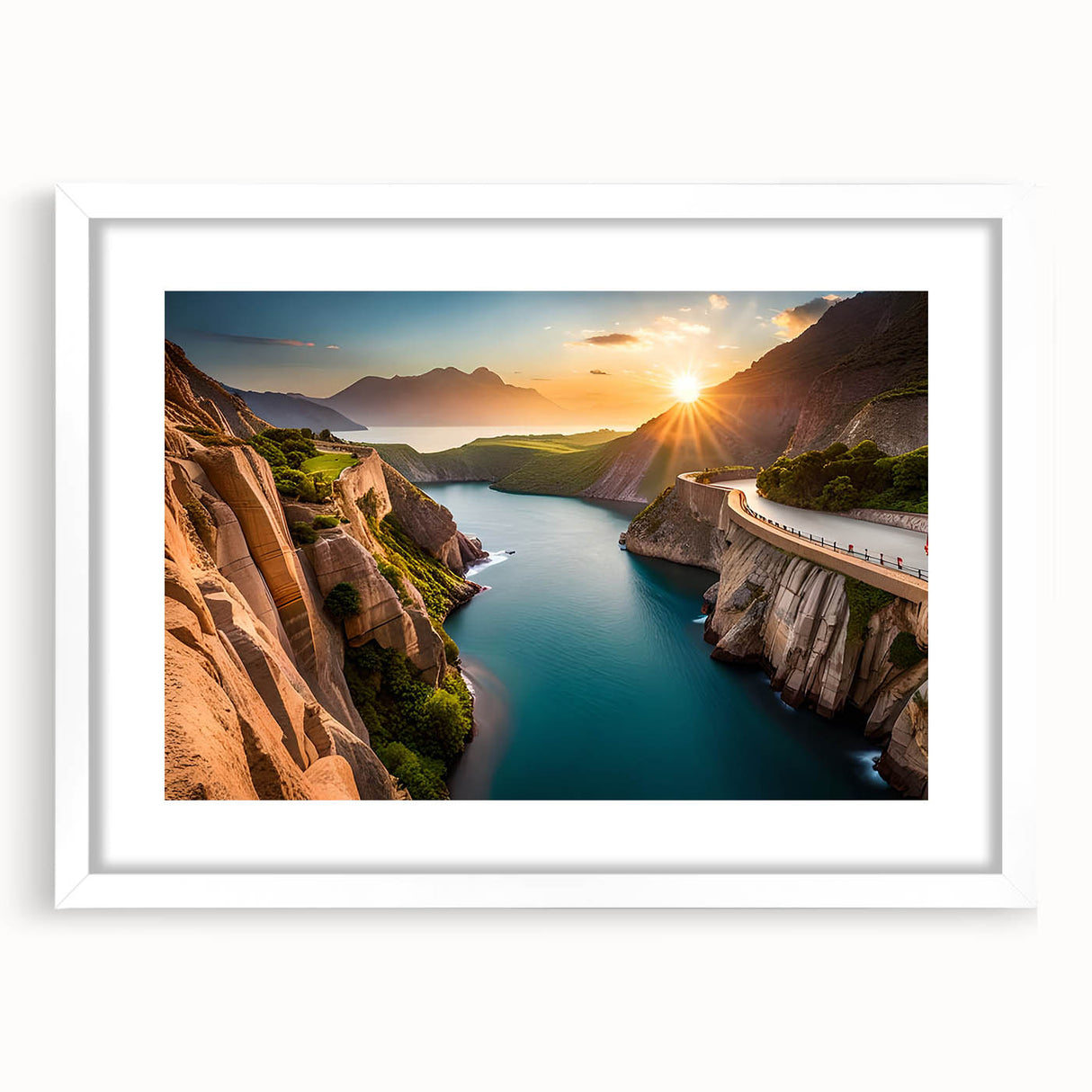 Abstract art print of Nevada's Lake Mead in muted blues and grays, framed with a white mat, suitable for dining room decor.