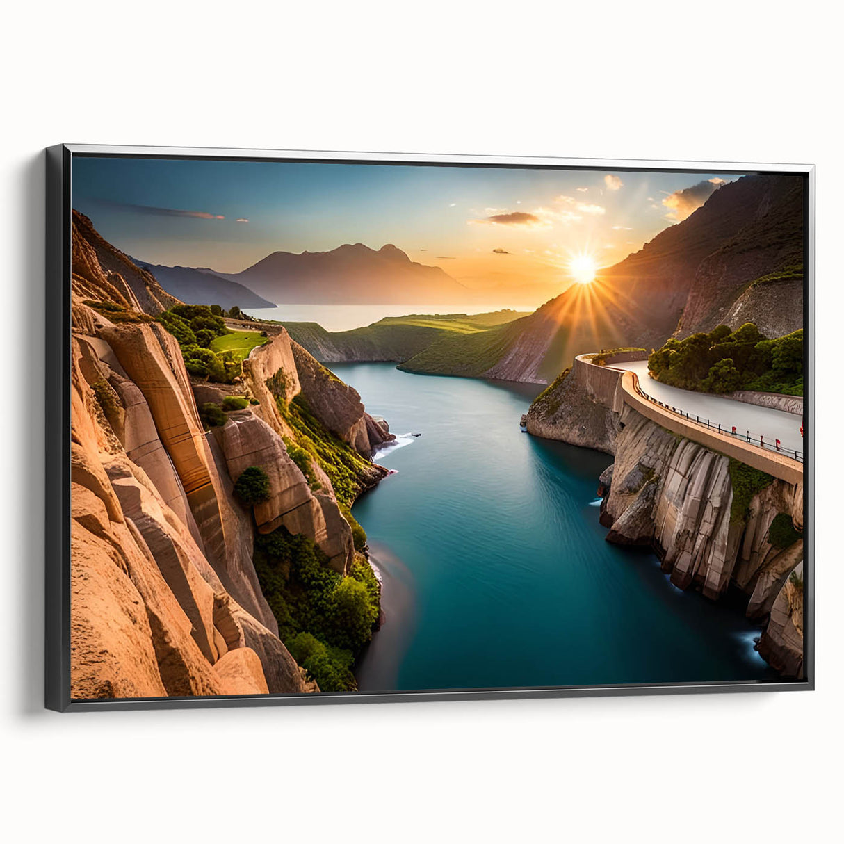 Black and white framed canvas of Lake Mead landscape, vintage poster style, ideal for bedroom decor.