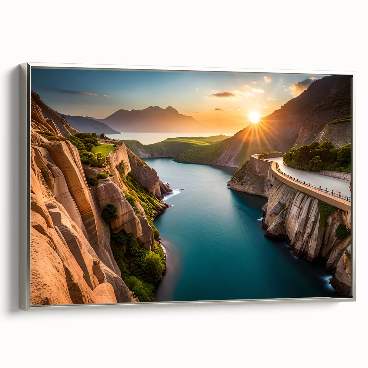 Landscape art painting of Lake Mead, Nevada, featuring a vintage-style scene on a framed canvas with a silver side view.