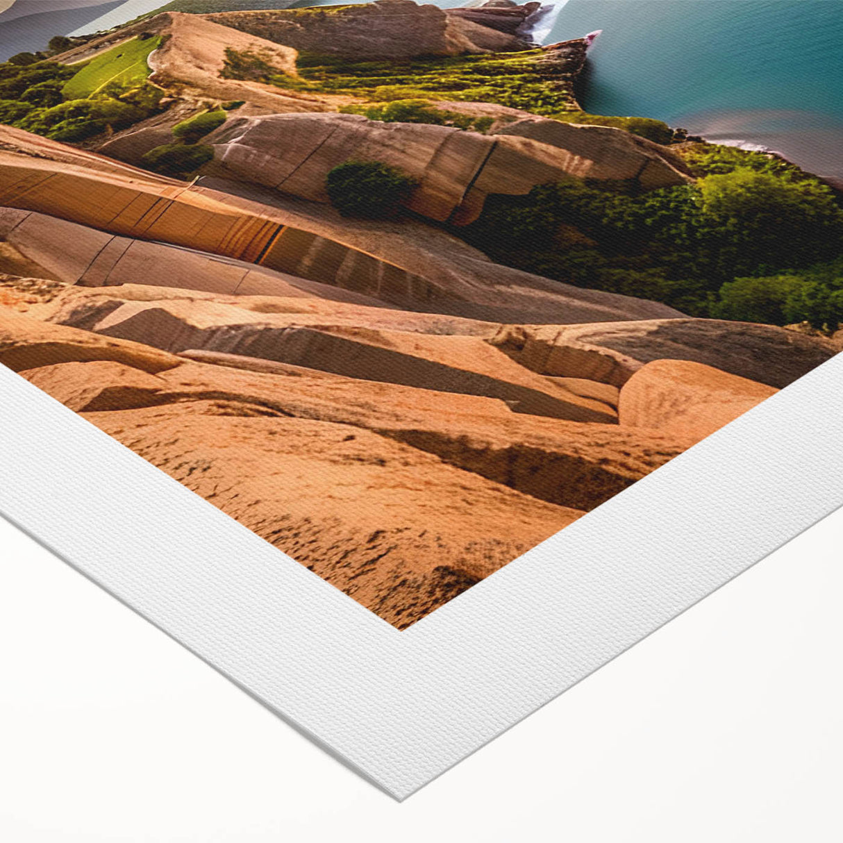 Art deco poster of Lake Mead in muted blue and beige tones on rolled canvas, suitable for dining room wall art.