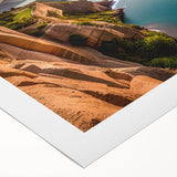 Art deco poster of Lake Mead in muted blue and beige tones on rolled canvas, suitable for dining room wall art.