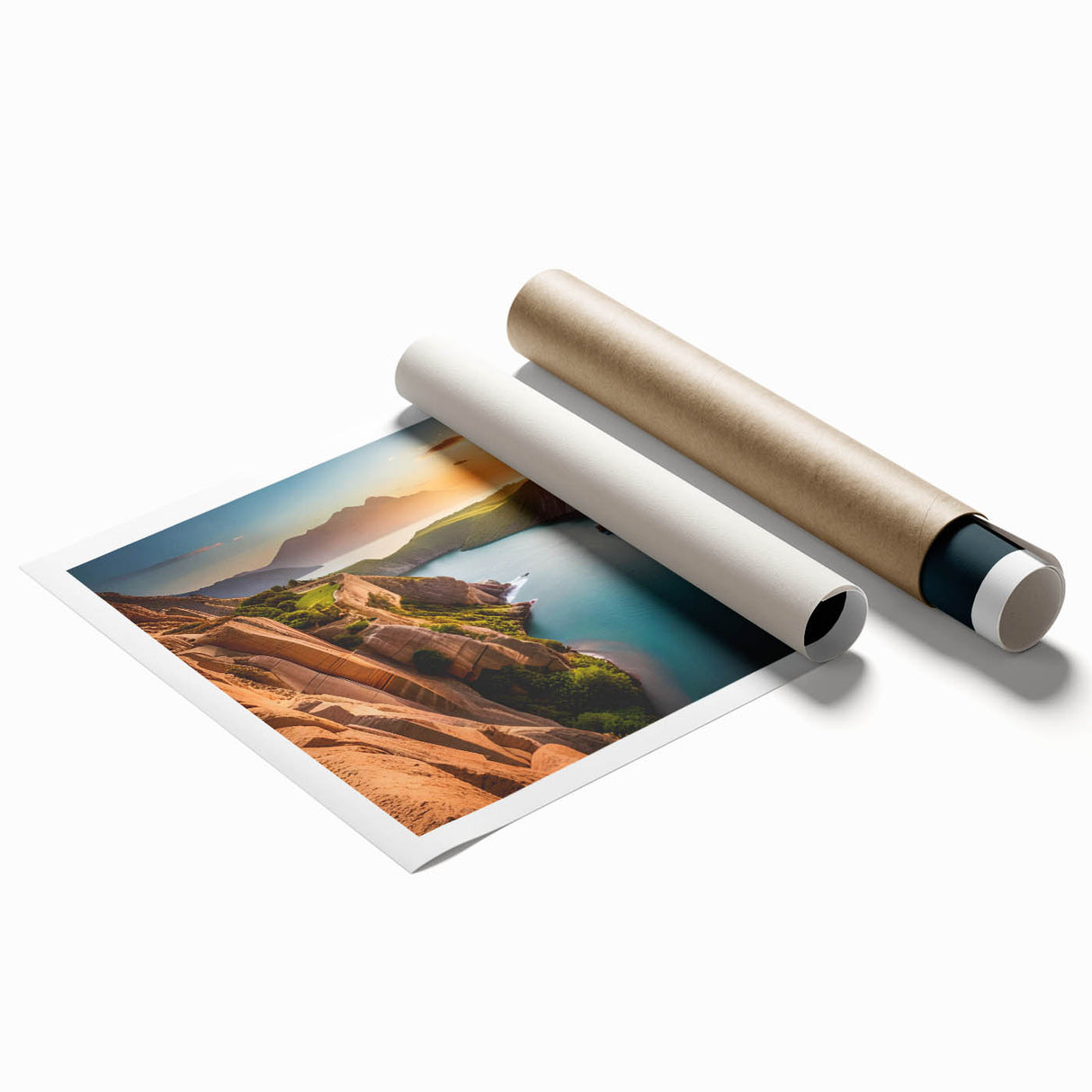 Extra large rolled print of Lake Mead scenery with subdued blue and green tones, ideal for classy bathroom wall art.