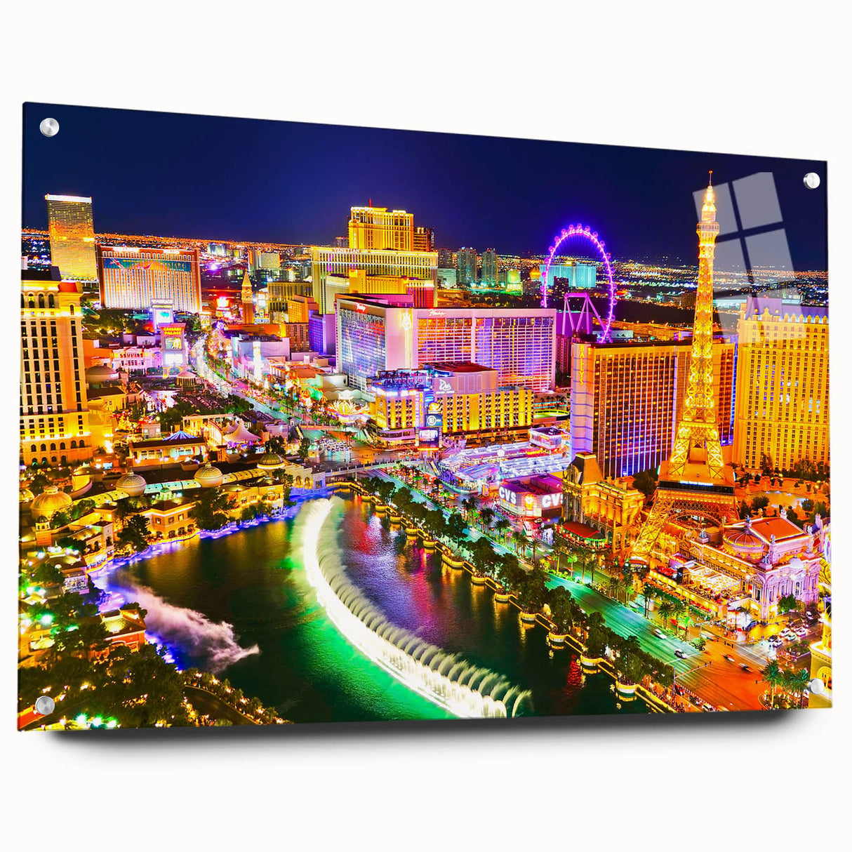 Acrylic print of Las Vegas skyline in vibrant twilight hues, ideal for modern bedroom or dining room decor.