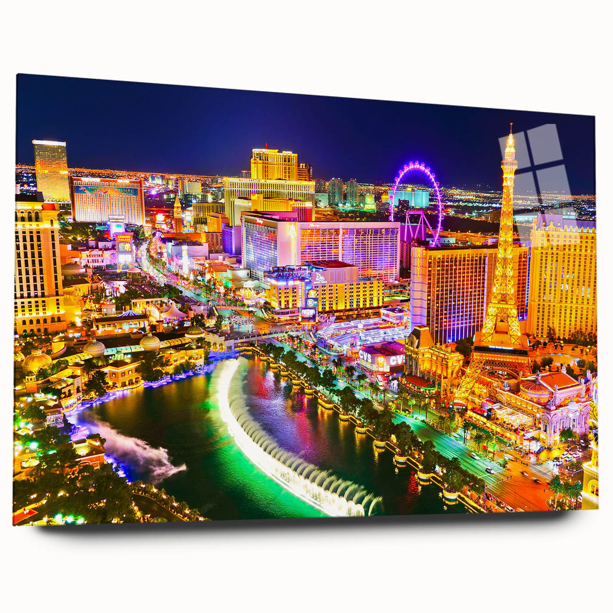 Large abstract depiction of the Las Vegas skyline in vibrant twilight hues on acrylic glass.